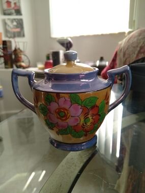 Hand-Painted Floral Ceramic Sugar Jar in Purple and Yellow